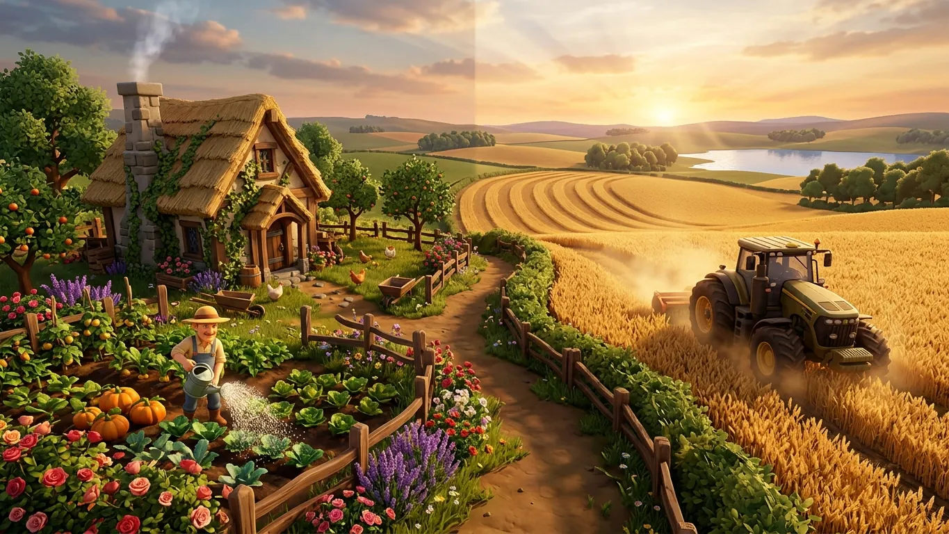 Game scene contrasting a cozy village garden with a large field and tractor