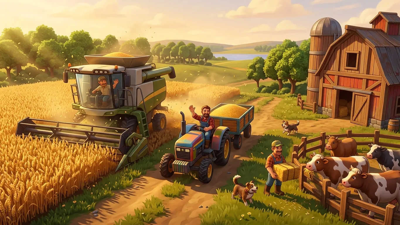 Three game farmer characters working together on a shared farm