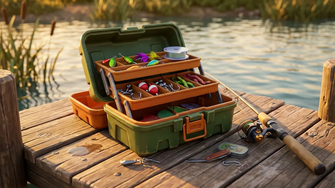 Open tackle box with lures, floats and a fishing reel on a wooden dock in a game