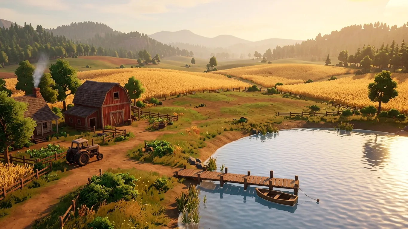 Stylized game landscape with a farm, wheat fields and a lake with a fishing pier at sunset