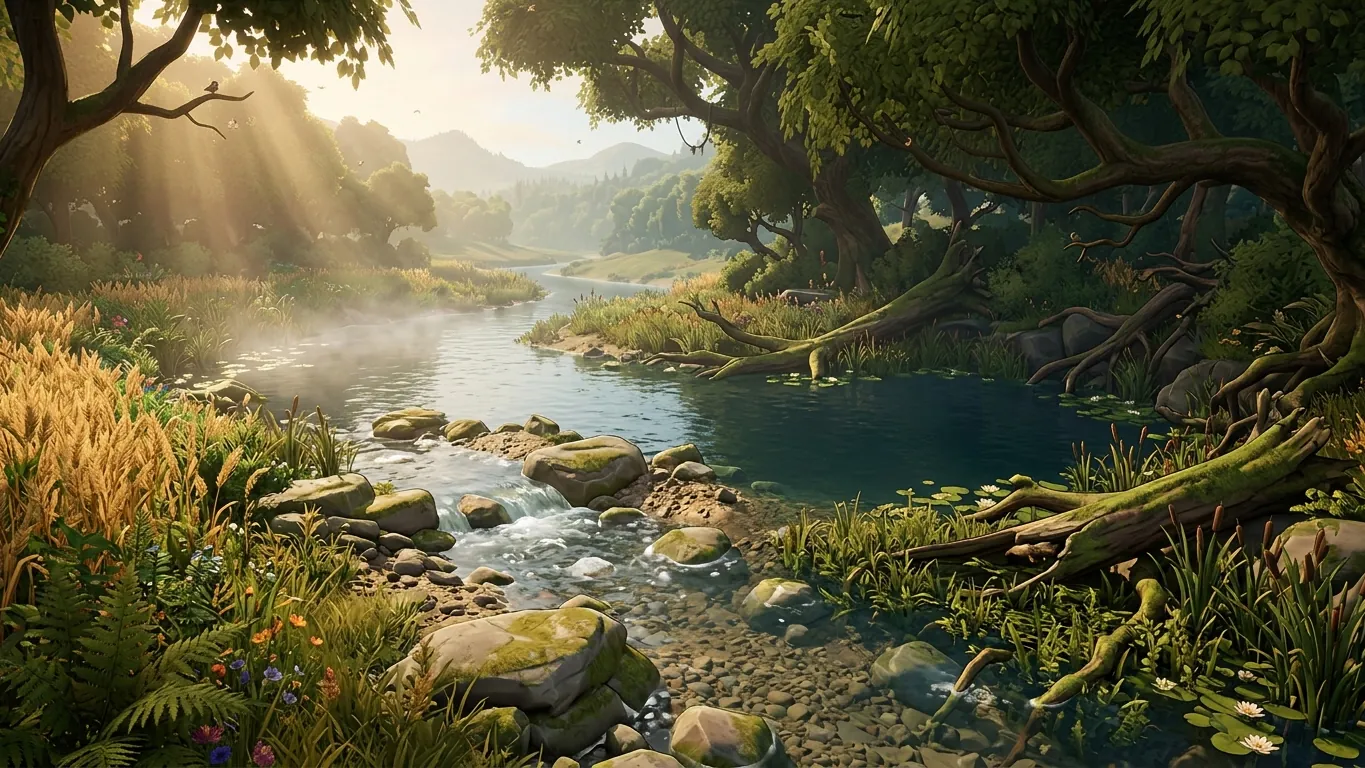 Game river scene with shallows, a deep pool, fallen logs and weed beds