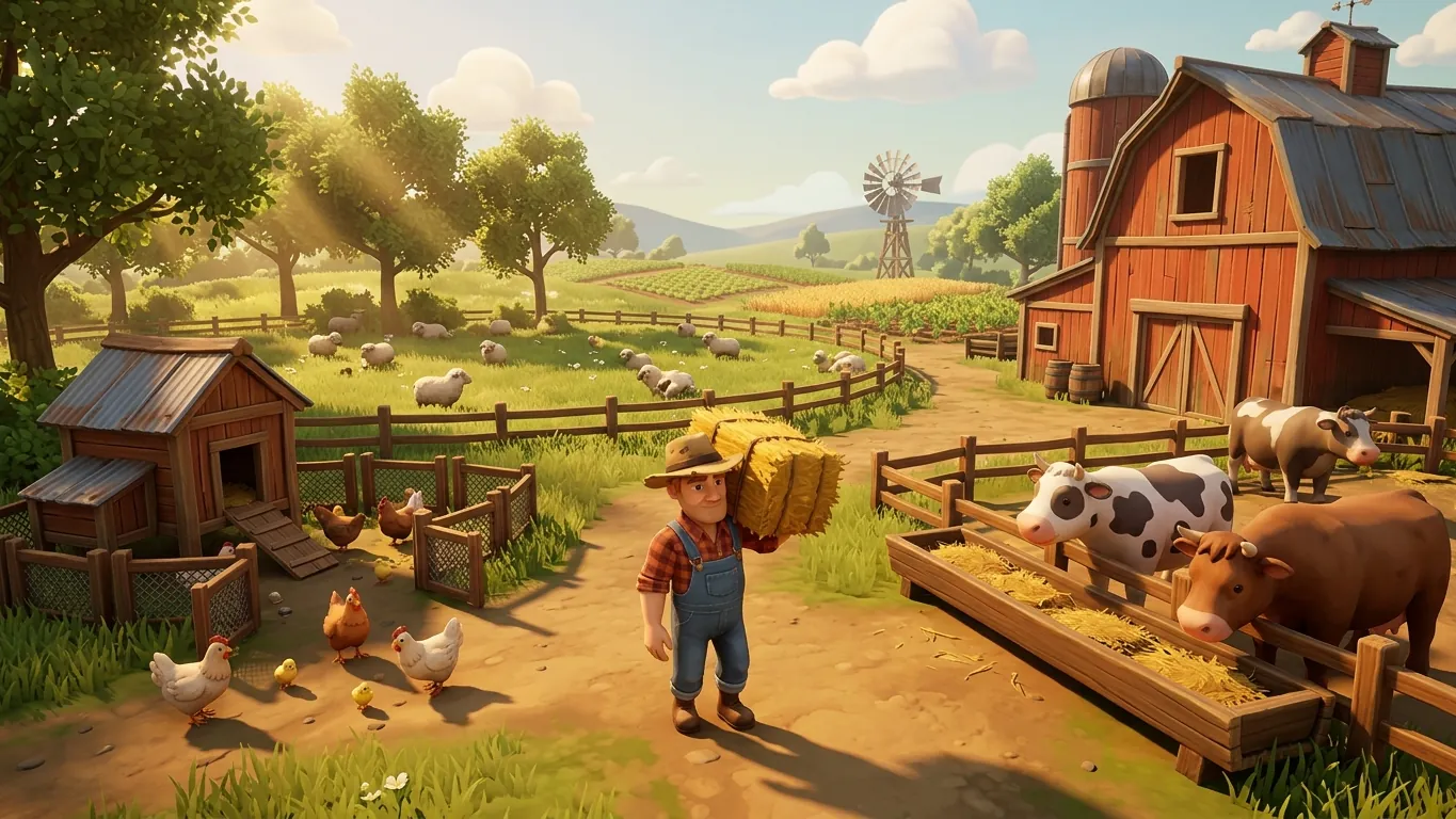 Game barnyard with cows, sheep and chickens and a farmer carrying hay