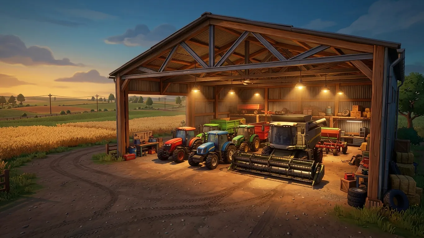 Game machine shed with tractors, a combine harvester and trailers at dusk