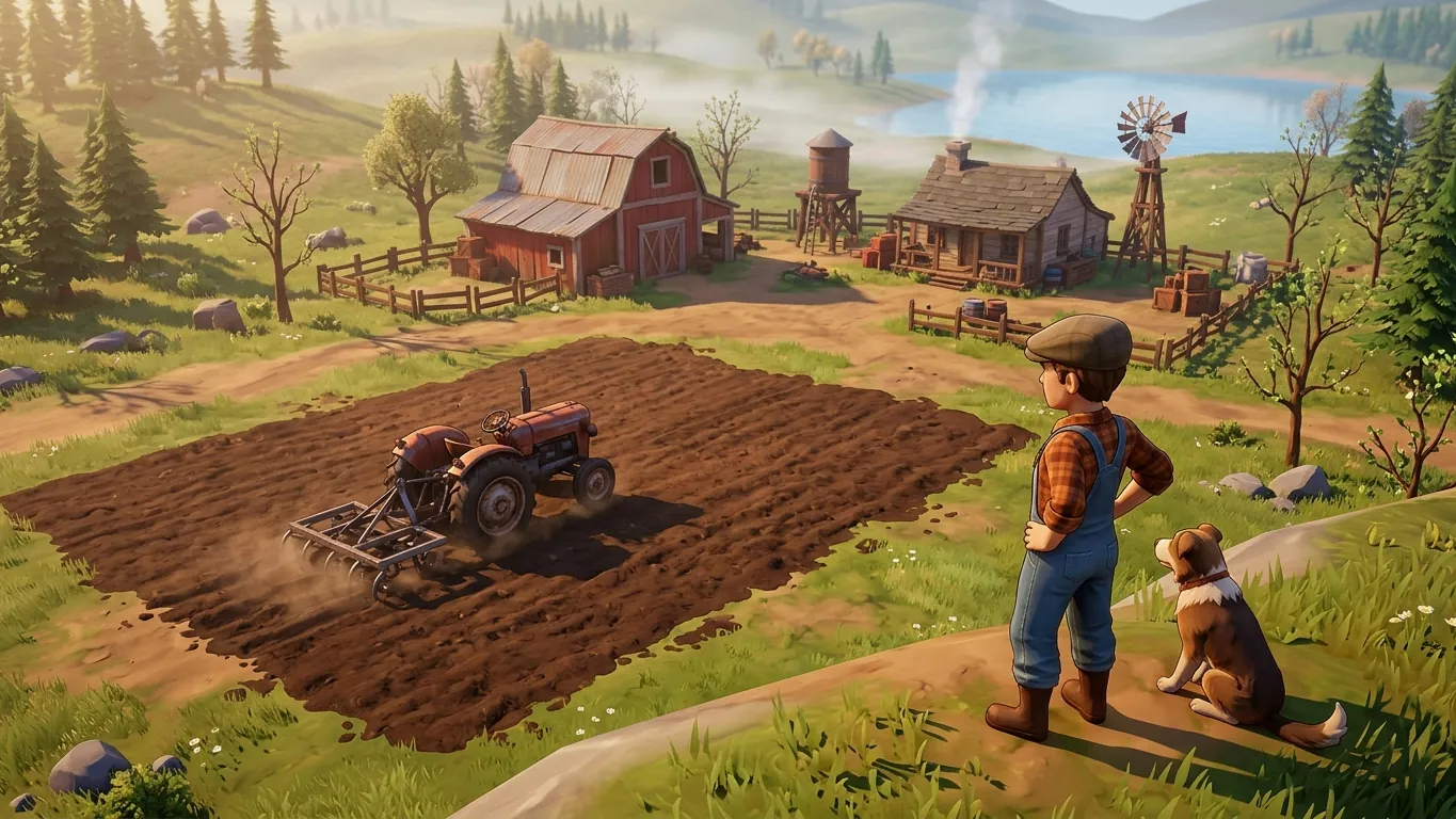 Starter farm in a game with a small tractor working a field in spring