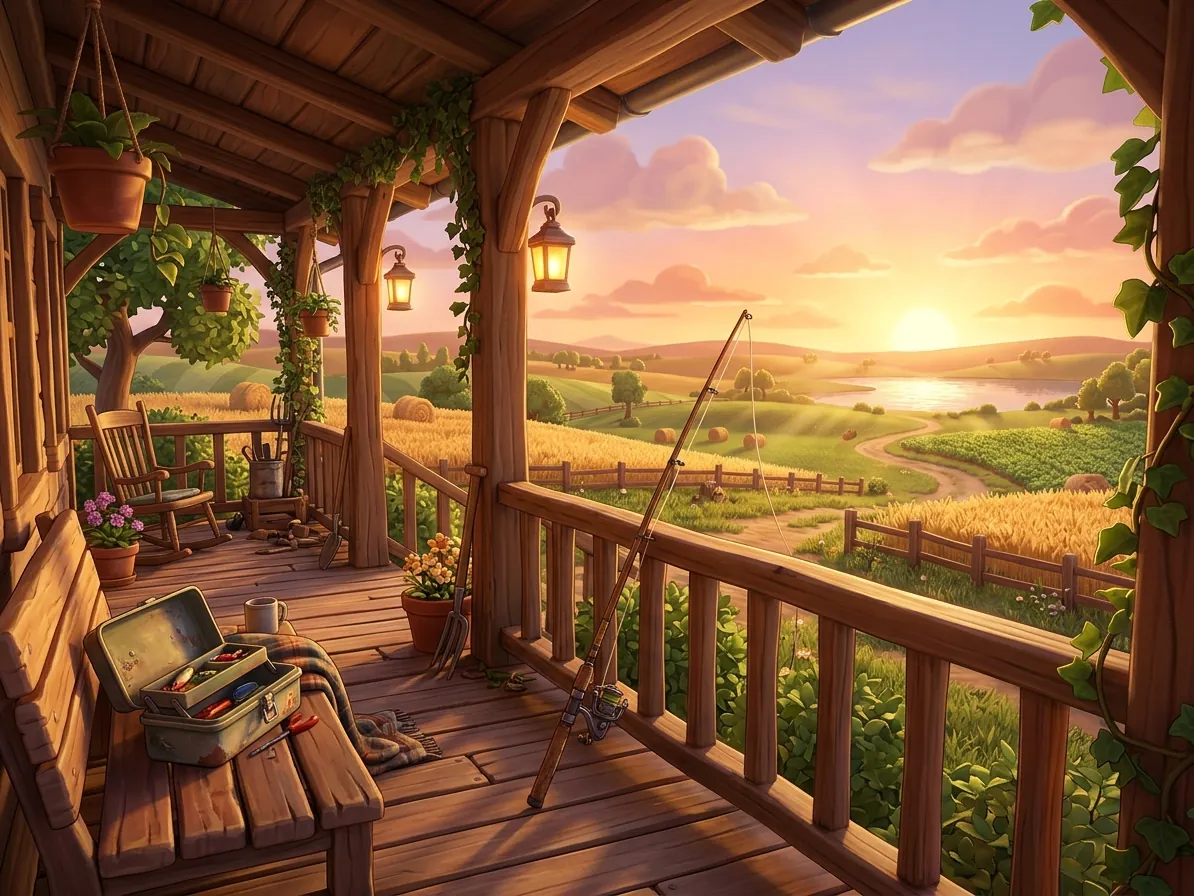 Game farmhouse porch with a fishing rod and tackle box overlooking fields and a lake