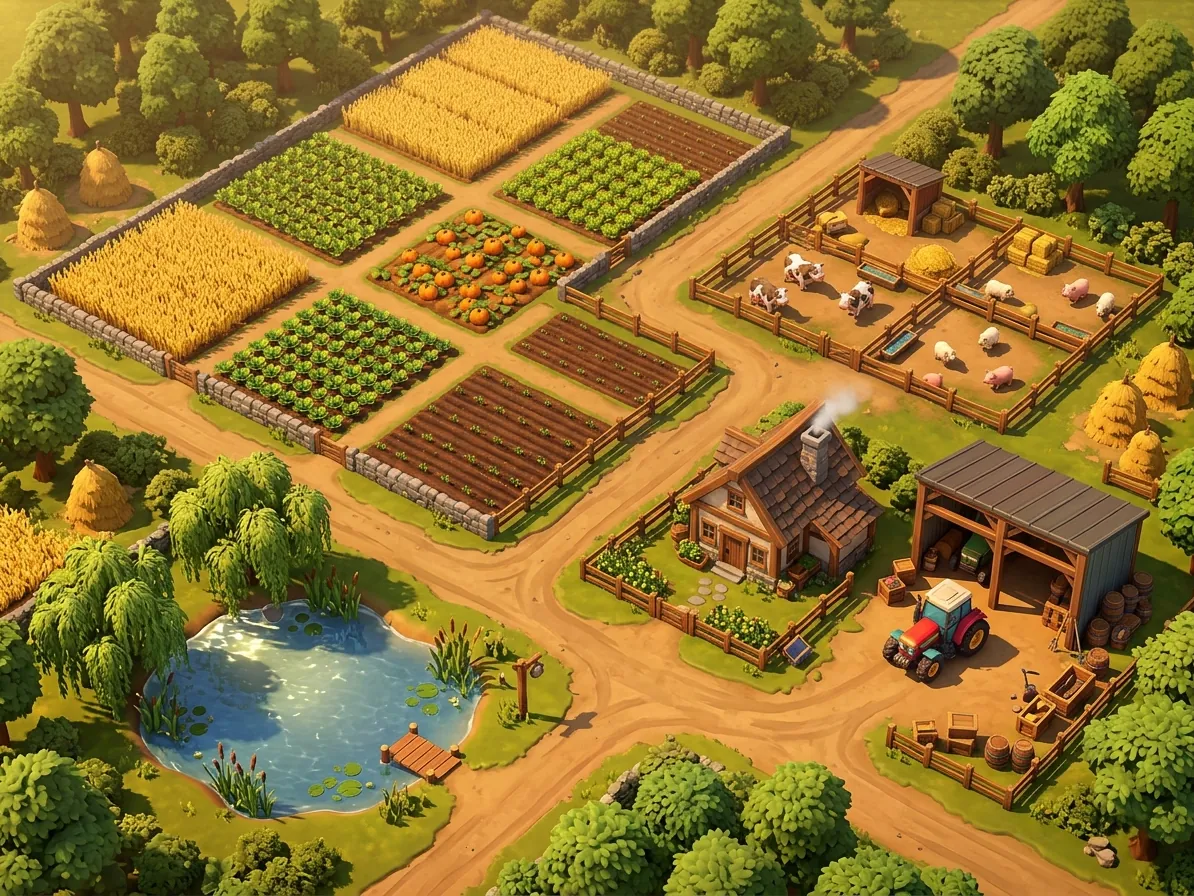 Isometric view of a game farm with crop fields, animal pens and a pond