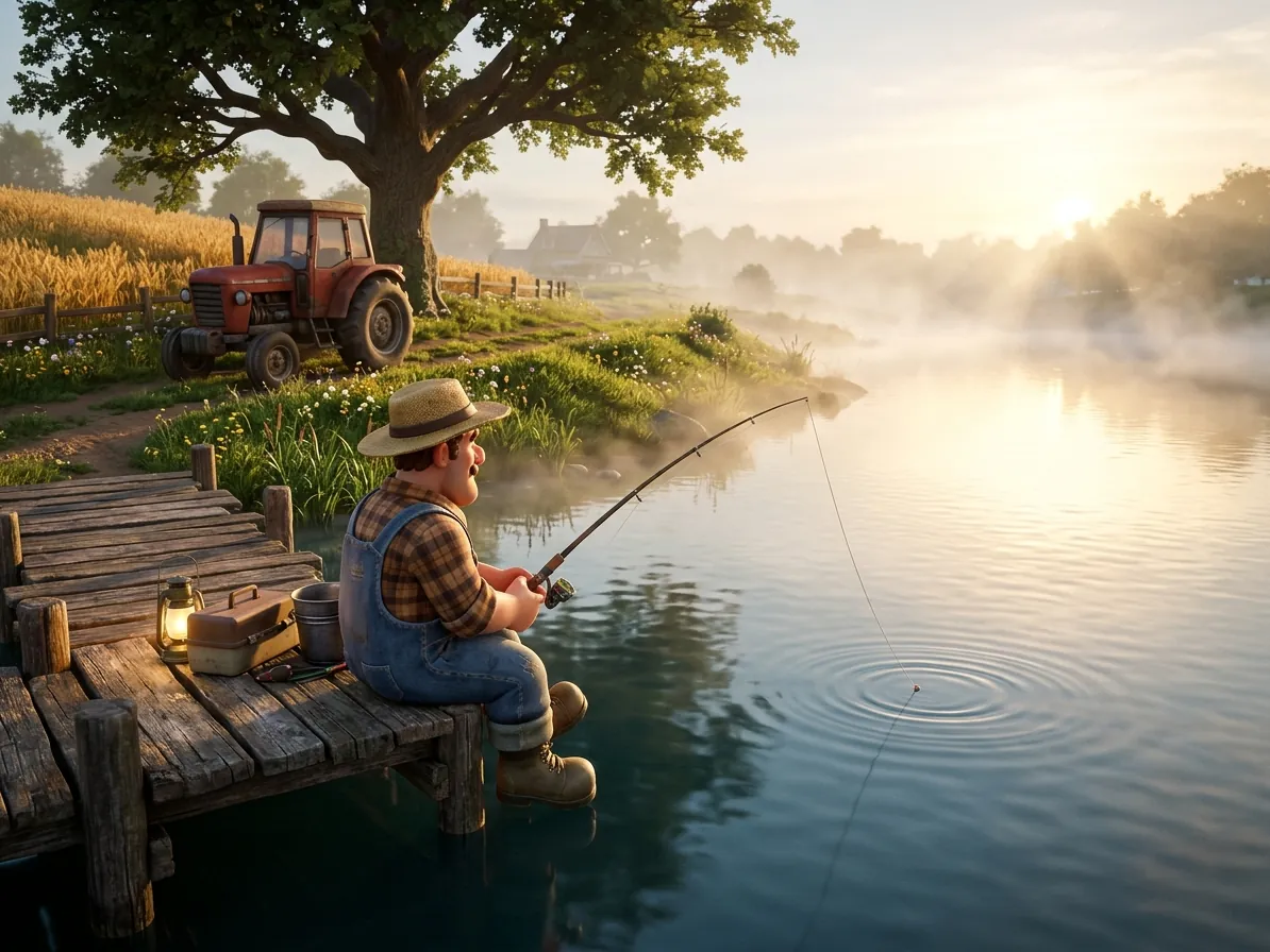 Game character fishing from a pier at dawn with a farm in the background