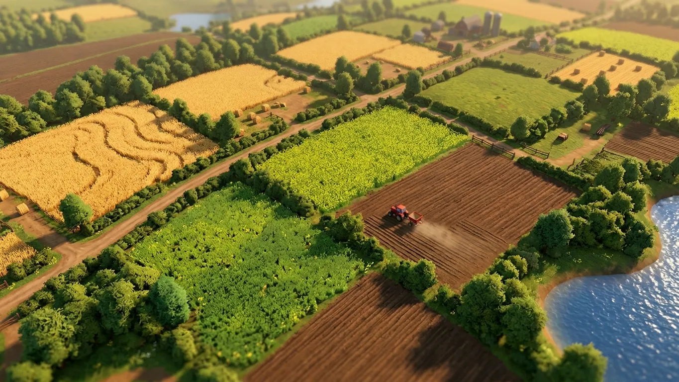 Aerial game view of fields with different crops and a tractor spreading fertilizer